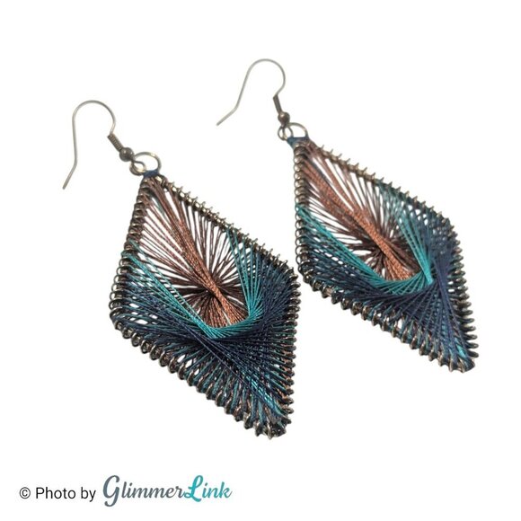 Teal Blue & Brown Diamond Shaped Threaded Long Dangle Earrings - Picture 3 of 7